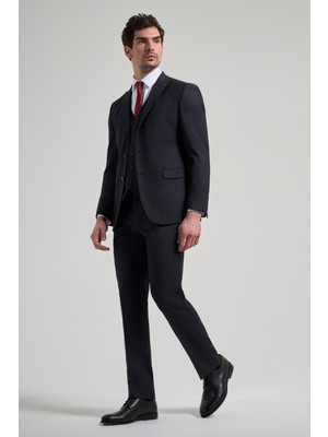 Koyu Lacivert Çizgili Desen 2 Düğme Classic Esnek Slim Fit Takım Elbise 1001250158
