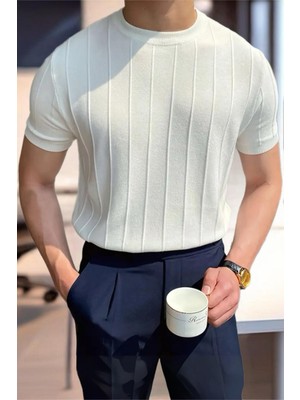 Toro Çizgili Likralı Slim Fit Bisiklet Yaka Örme Erkek Triko Tshirt