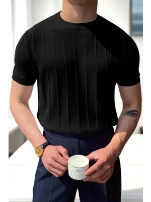 Toro Çizgili Likralı Slim Fit Bisiklet Yaka Örme Erkek Triko Tshirt