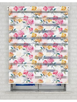 AD Home Pembe Sarı Güller Suluboya Baskılı Zebra Perde - Gece Gündüz - Mutfak Perdesi, Salon Perdesi | Kokusuz Mürekkeple Basılmış  Zebra Perdeler ile Sende Tarzını Yansıt! | 1 Dakikada Pratik Montaj