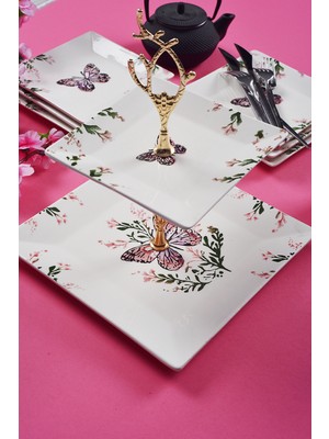 Piatti Naturali Çift Katlı Seramik Kelebek Desen Kurabiyelik Aperatif Iki Katlı Sunum Tabağı Servis Seti Ikramlık