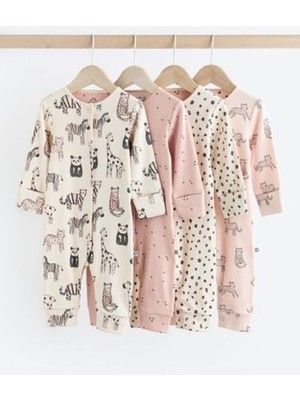 Next Baby %100 Pamuklu Krem Hayvan Desenli 4'lü Tulum Set