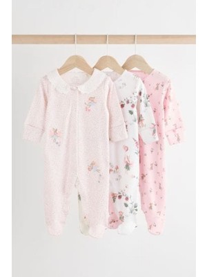 Next Baby % 100 Pamuklu Pembe Çiçek Desenli Dantel Yaka 3'lü Tulum Set