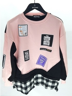 Settimo-Lsk Pudra Bisiklet Yaka Etiket Baskılı Ekose Sweatshirt Oversize