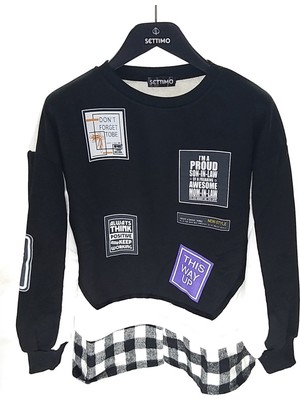 Settimo-Lsk Siyah Bisiklet Yaka Etiket Baskılı Ekose Sweatshirt Oversize