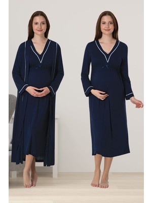 Effortt Lacivert Sabahlıklı Hamile Lohusa Gecelik Takım