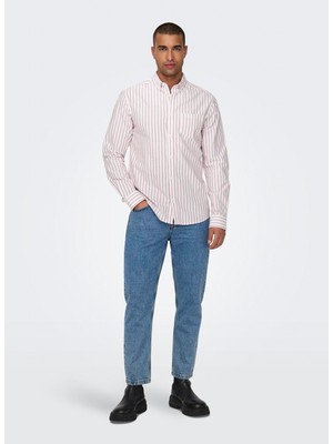Only & Sons Slim Fit Kırmızı Çizgili Erkek Gömlek Onsalvaro Slım Ls Oxford Strıpe Shı