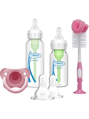 Dr Brown's Yeni Doğan Set Pembe Renkli 120 ml Cam Biberon ve 0-6 Ay Silikon Emzik