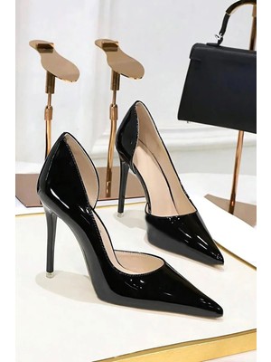 Trendy Anka Kadın Siyah Rugan 8cm Ince Şeffaf Kapak Topuklu Stiletto Ayakkabı