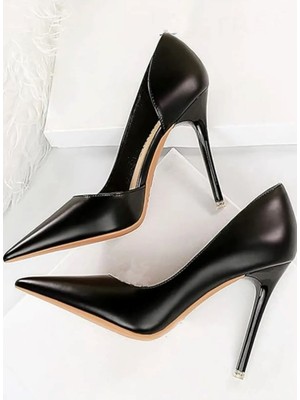 Trendy Anka Kadın Siyah Cilt 8cm Ince Şeffaf Kapak Topuklu Stiletto Ayakkabı