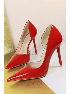 Trendy Anka Kadın Kırmızı Rugan 8cm Ince Şeffaf Kapak Topuklu Stiletto Ayakkabı