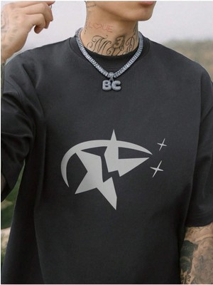Woodroffe Star Baskılı Oversize Erkek T-Shirt Salaş Boyfirend