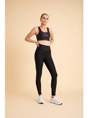 Lismina Siyah Kendinden Yazı Desenli Deri Görünümlü Kumaş Spor Tayt