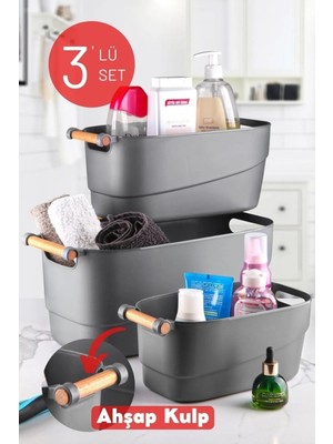 3'lü Set Ahşap Kulplu Çok Amaçlı Banyo,mutfak,çekmece Içi Düzenleyici Retro Sepet Antrasit