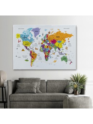 Marsilyan- Türkçe Dünya Haritası Son Derece Ayrıntılı Eğitici ve Sembollü Kanvas Tablo 3180