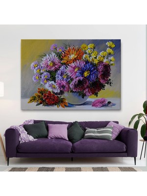 Marsilyan- Renkli Çiçekler Yağlıboya Görünüm Dekoratif Kanvas Duvar TABLOSU-3448
