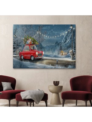 Marsilyan- Noel Baba ve Küçük Kırmızı Retro Arabası Kanvas Duvar TABLOSU-3752