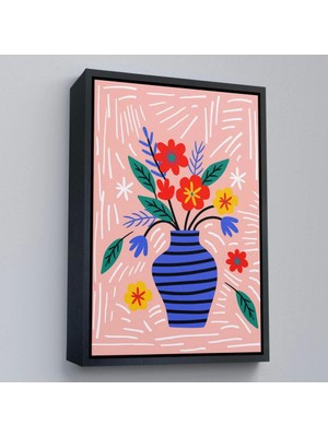 Marsilyan- Çerçeveli Minimalist Çiçek Mavi Vazoda Renkli Buket TABLOSU-7662
