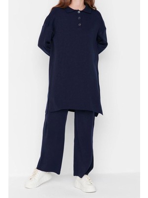 Ersefa Moda Triko Yüksek Bel Düz Polo Yaka Düşük Kol Casual Günlük Polo Yaka Tunik-Pantolon Triko Takım
