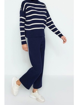Moda Triko Bisiklet Yaka Düşük Kol Casual Günlük Ekru Triko Pantolonlu Alt-Üst Takım
