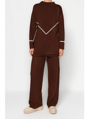 Ersefa Moda Düz Dik Yaka Düşük Kol Casual Günlük Bağlama Detaylı Çizgili Triko Alt-Üst Takım