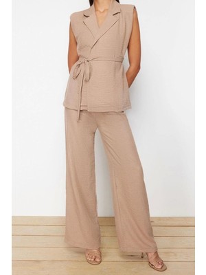 Ersefa Moda Dokuma Düz Ceket Yaka Casual Günlük Koyu Kruvaze Bağlamalı Dokuma Alt-Üst Takım