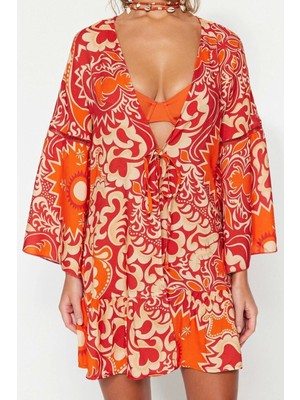 Ersefa Moda Dokuma Regular Kalıp Crop V Yaka Standart Kol Shally Basic Etnik Desen Kimono Kaftan