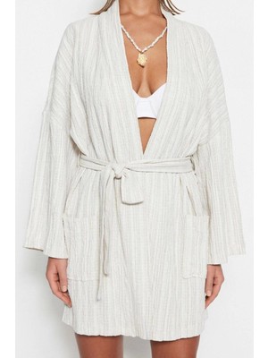 Ersefa Moda Dokuma Regular Kalıp Mini Şal Yaka Standart Kol Keten Karışımlı Basic Düz Desen Kimono Kaftan