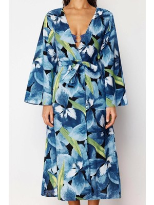 Ersefa Moda Örme Regular Kalıp Uzun Kruvaze Standart Kol Vual Basic Çiçekli Desen Kimono Kaftan