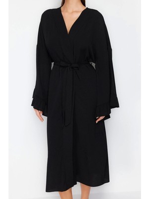 Ersefa Moda Dokuma Regular Kalıp Uzun V Yaka Normal Kol Flamlı Pamuk Eteği Fırfırlı Düz Desen Kimono Kaftan