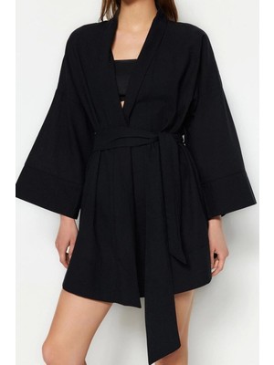 Ersefa Moda Dokuma Rahat Kalıp Uzun Şal Yaka Standart Kol Flamlı Pamuk Basic Düz Desen Kimono Kaftan
