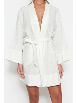 Ersefa Moda Dokuma Rahat Kalıp Uzun Şal Yaka Standart Kol Flamlı Pamuk Basic Düz Desen Kimono Kaftan