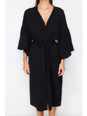 Ersefa Moda Örme Regular Kalıp Uzun V Yaka Büzgülü/fırfırlı Kol Müslin Basic Düz Desen Kimono Kaftan