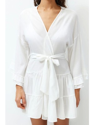 Ersefa Moda Örme Oversize Kalıp Midi V Yaka Büzgülüfırfırlı Kol Crinkle Eteği Fırfırlı Düz Kimono Kaftan
