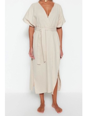 Ersefa Moda Dokuma Oversize Kalıp Uzun V Yaka Standart Kol Müslin Kruvaze Düz Desen Kimono Kaftan