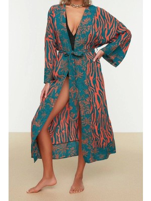 Ersefa Moda Dokuma Rahat Kalıp Uzun V Yaka Standart Kol Shally Basic Animal Desen Kimono Kaftan