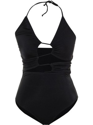 Ersefa Büyük Beden Atma Kap Bağcıklı Askılı Çarpraz Bağlama Yaka Siyah Cut Out Detaylı Bağlamalı Mayo