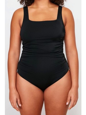 Ersefa Büyük Beden Atma Kap Askılı Kare Yaka Siyah Mayo