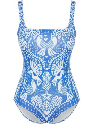 Ersefa Kadın Moda Atma Kap Askılı Brief Yaka Tropikal Desenli Regular Mayo