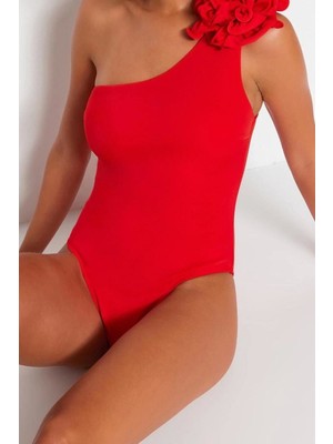 Ersefa Kadın Moda Atma Kap Askılı Slip Yaka Zümrüt Yeşili Tek Omuz Çiçek Aplikeli Regular Mayo