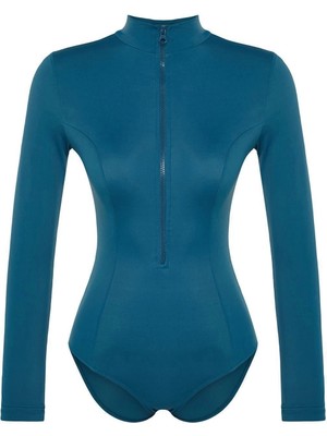 Ersefa Kadın Moda Kapsız Uzun Brief Yaka Petrol Fermuarlı Uzun Kollu Regular Sörf Mayosu