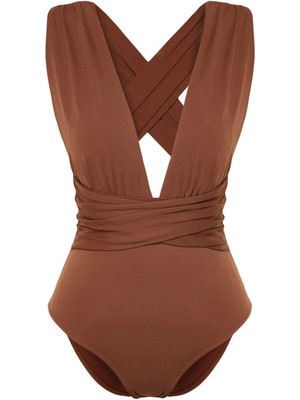 Ersefa Kadın Moda Atma Kap Askılı Derin V Yaka Kırmızı Derin Dekolteli Drapeli Hipster Mayo