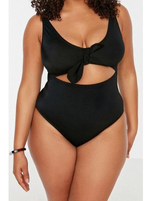 Ersefa Büyük Beden Atma Kap Toparlayıcı Askılı Derin V Yaka Mavi Derin Cut-Out Bağlamalı Mayo