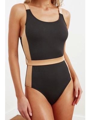 Ersefa Kadın Moda Atma Kap Askılı Brief Yaka Siyah Kemerli Colour Block Regular Mayo