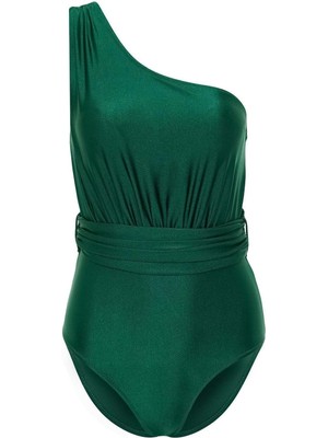 Ersefa Kadın Moda Dikme Kap Askılı Brazilian Yaka Yeşil Tek Omuz Drapeli Regular Mayo