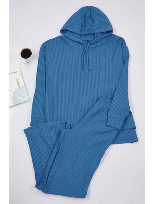 Tarz Rahat Uzun Kollu Boru Paça Fitilli Pamuklu Örme Pijama Takımı