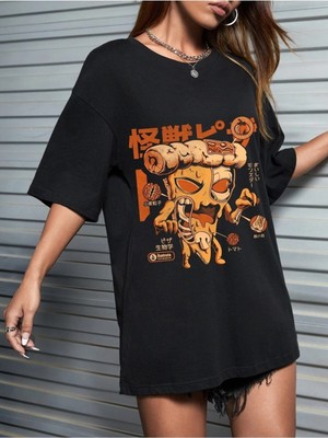 Woodroffe Kadın / Kız Siyah Oversize T-Shirt Pizza Baskılı