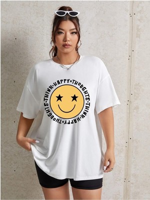 Woodroffe Kadın / Kız Happy Baskılı Beyaz Oversize T-Shirt Salaş Boyfirend