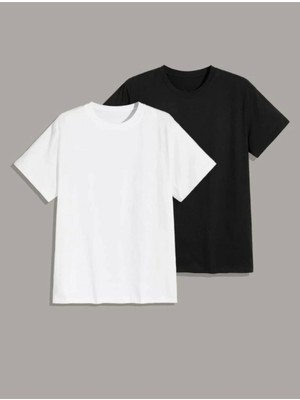 Woodroffe Unisex 2'li Paket Siyah-Beyaz Düz Oversize Bisiklet Yaka Salaş Tshirt
