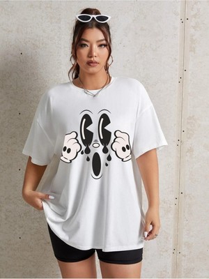 Woodroffe Kadın / Kız Karikatür Baskılı Beyaz Oversize T-Shirt Salaş Boyfirend